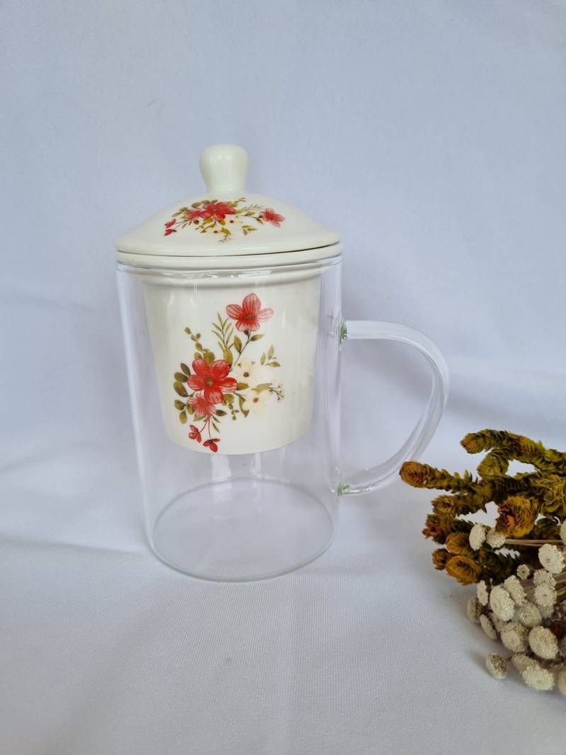 Caneca vidro com infusor ceram vermelho