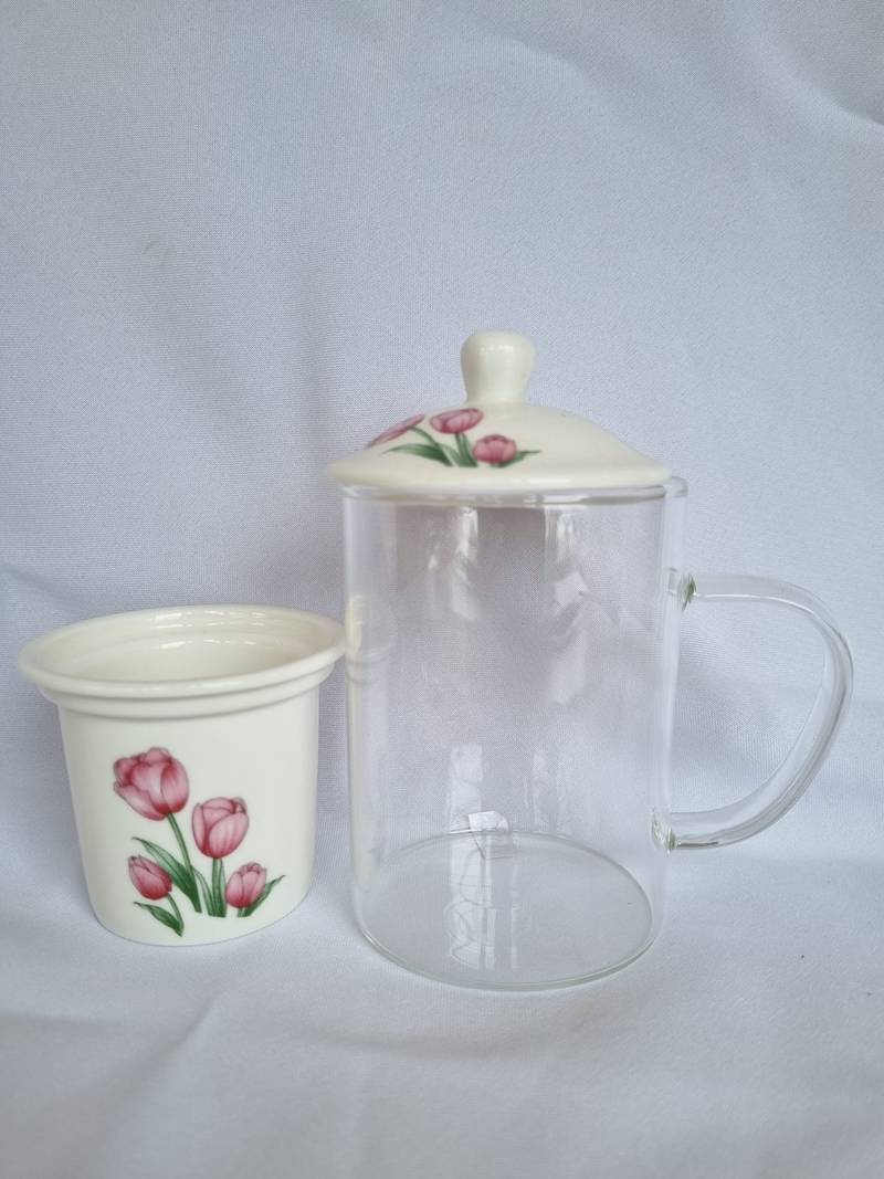 Caneca vidro com infusor ceramica rosa aberta