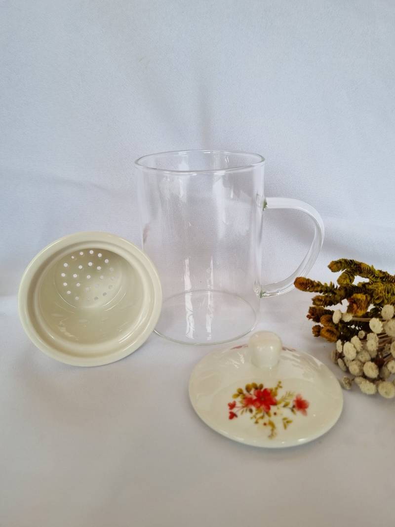 caneca vidro com infusor ceram vermelho aberto 2