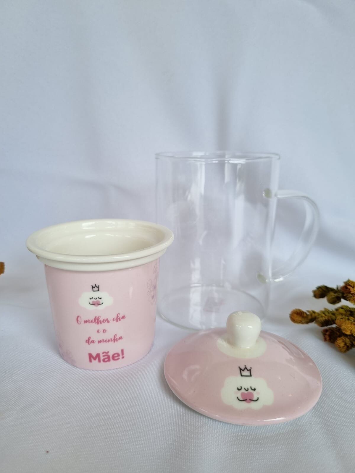 caneca vidro com infusor ceramica frase mae aberto