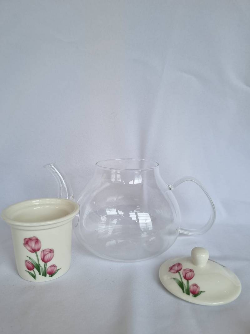 chaleira de vidro com infusor ceramica flor rosa aberta